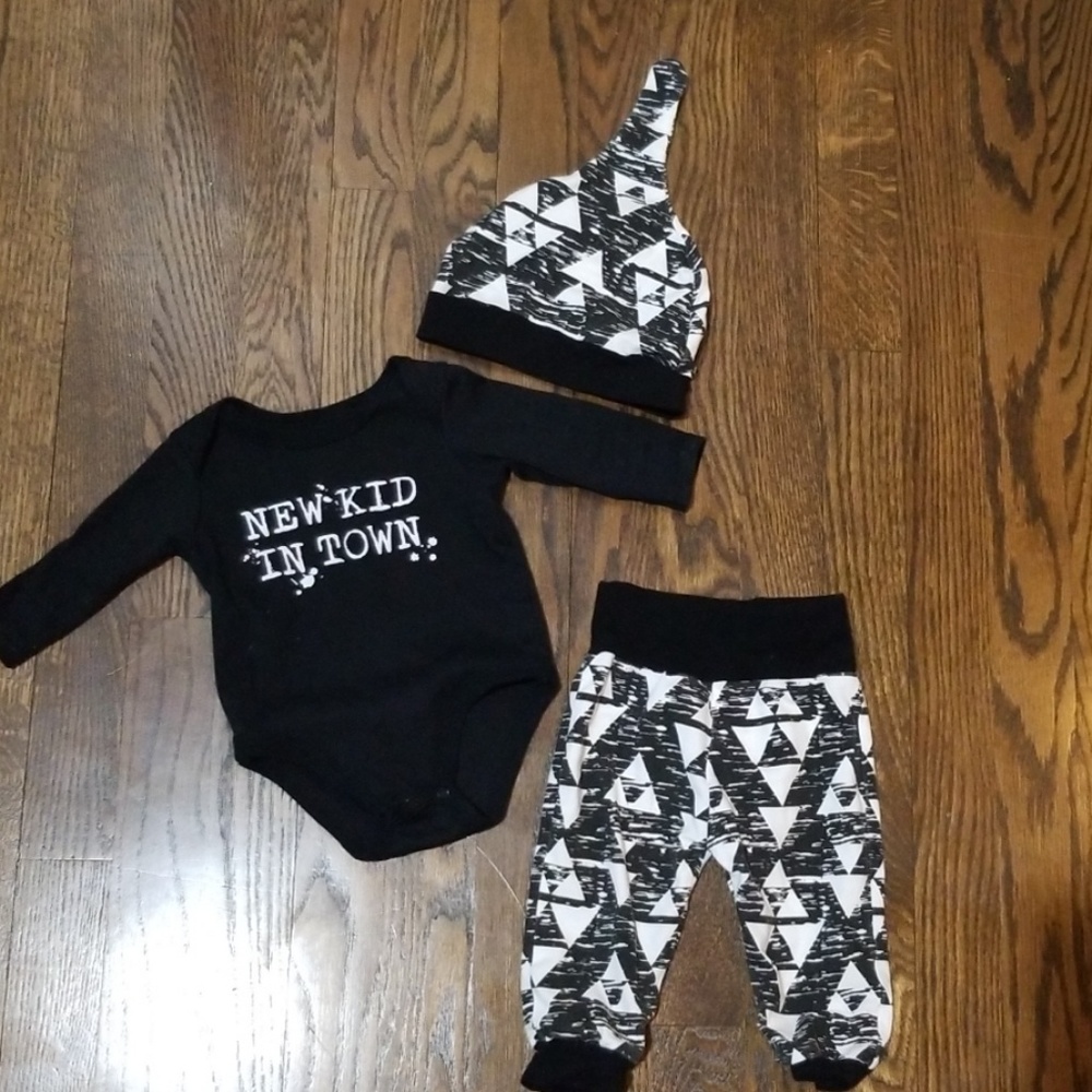 3 piece gender neutral white and black outfit